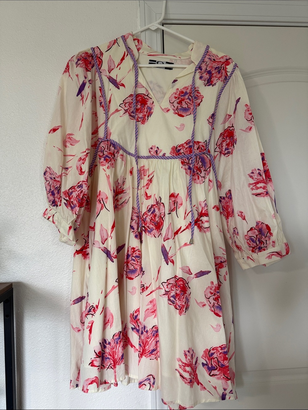 Girls' Cream Floral Babydoll Dress with Pink & Purple Accents
